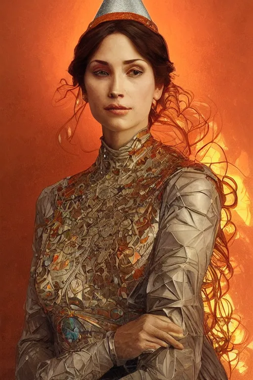 Image similar to portrait of tinfoil hat man in orange t - shirt behind his wife, feelings, romantic, fantasy, intricate, elegant, highly detailed, digital painting, artstation, concept art, smooth, sharp focus, illustration, art by artgerm and greg rutkowski and alphonse mucha