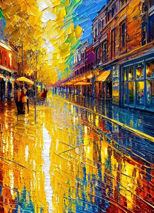 Prompt: an extremely impasto painting of thick brushstrokes in warm impressionist complimentary colors painting a reflective raytracing puddle street scene of golden palette knife streaks of golden melting sun shimmering with vibrant gradients of color, 4 k, starry, highly detailed