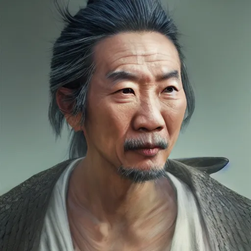 Image similar to portrait painting of a 6 0 year old kind handsome taoist priest, big eyes, deep silhouette ， silver ponytail hair, amiable by yangjun chen, huang guangjian, fenghua zhong, wenjun lin, nadar, bright colors, octopath traveler, unreal engine 5 highly rendered, global illumination, radiant light, detailed and intricate environment