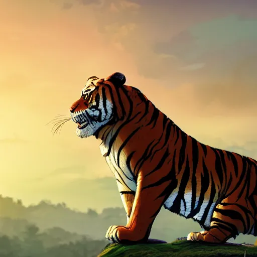 Image similar to anthropomorphic tiger bandit in swamplands gazing at the sunset, cinematic, studio ghibli, wide shot, dramatic lighting, dynamic, ultra realistic, ultra detailed, 8 k, thin line work, trending on artstation