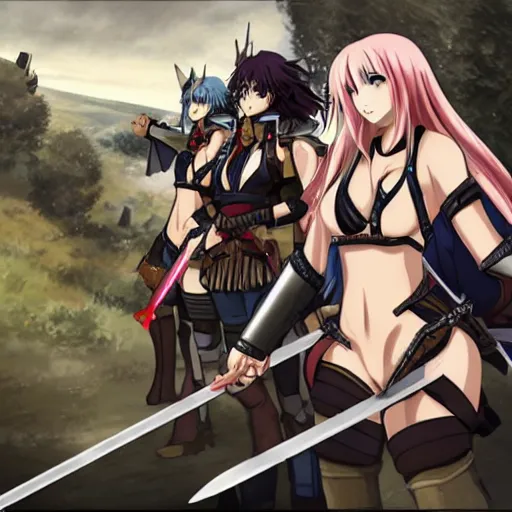 Image similar to anime women in knight armor fighting with swords on aa battlefield