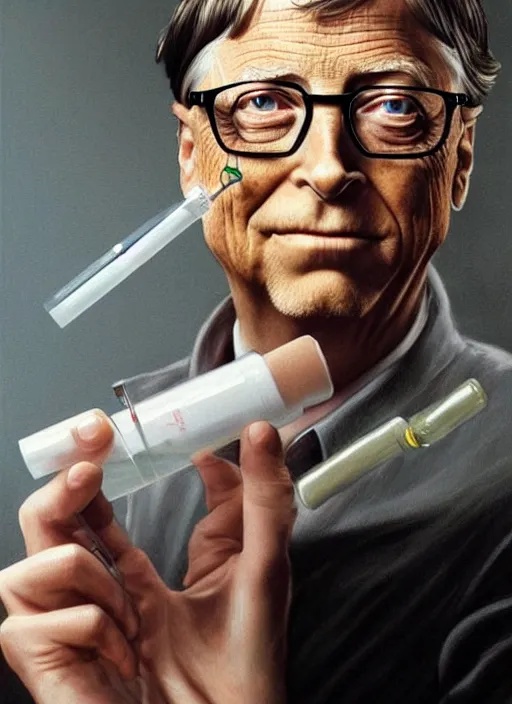 Image similar to bill gates with reptile eyes!!!, vertical reptile pupil!!!, lizard skin!!!, holding a syringe!!, portrait, intricate, elegant, highly detailed, digital painting, artstation, concept art, wallpaper, smooth, sharp focus, illustration, art by artgerm and greg rutkowski and alphonse mucha