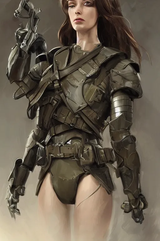 Image similar to a professional portrait of an attractive young female, clothed in military-style battle armor, olive skin, long dark hair, beautiful bone structure, symmetrical facial features, intricate, elegant, digital painting, trending on Artstation, concept art, smooth, sharp focus, illustration, finely detailed, from Metal Gear by Ruan Jia and Mandy Jurgens and Artgerm and William-Adolphe Bouguerea, award winning