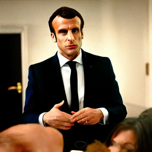 Prompt: god Emmanuel Macron in American Psycho (1999)