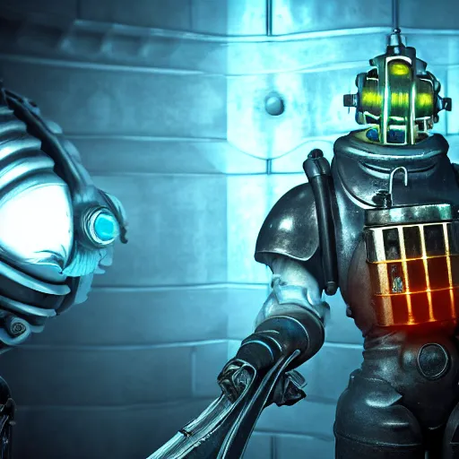 Image similar to isaac clarke as a bioshock big daddy, unreal engine 5, bioshock deadspace, high detail 3 d render,