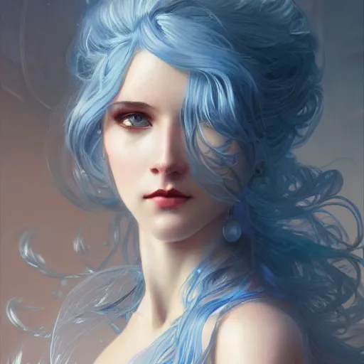 Image similar to goddess, blue hair, intricate, elegant, ethereal, highly detailed, retro, digital painting, artstation, concept art, smooth, sharp focus, long shot, illustration, art by artgerm and greg rutkowski and alphonse mucha