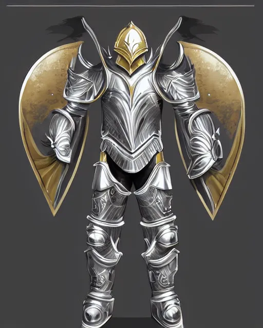 Prompt: suit of fantasy armor, clean silver armor with gold trim, flat shading, professional digital art, extremely high-quality