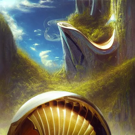 Prompt: beautiful portrait of bamboo living pods shaped like a sea shell embedded on the side of a cliff, windows, the time machine, spaceship by john berkey, panoramic view, ssci - fi, futuristic valley, rendered in octane, art by artgerm, artwork by peter gric and brian froud and esao andrews and david hardy