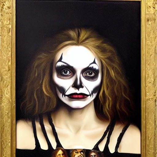 Image similar to portrait of young michelle pfeiffer as a witch wearing skull facepaint, oil painting by caravaggio