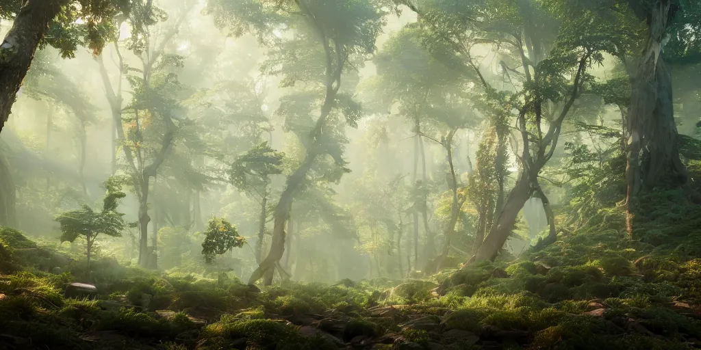 Image similar to a forest, highly detailed, oil painting, cinematic angle, hyperrealistic, beautiful, volumetric lighting, dynamic, Studio Ghibli, digital art, octane render, post-processing, beautiful composition, trending on artstation, masterpiece