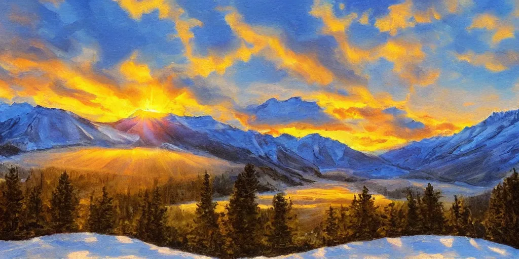 Image similar to a beautiful landscape, sun rises between two snowy mountains, art by phillipp urlich