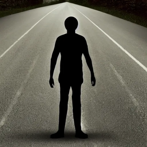 Prompt: a creepy figure standing in the middle of the road, found footage, dark, scary, night