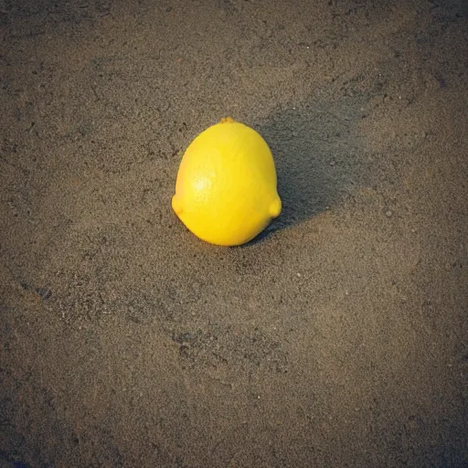 Image similar to a lemon in shape of a human with legs of lemons and round body, arms of lemons, relaxing on a beach, very realistic, high quality, volumetric light