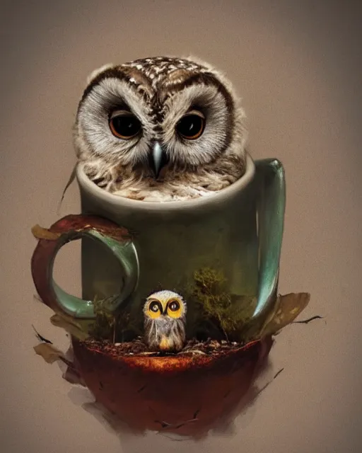 Image similar to long shot of a very cute owl chick nesting in a futuristic mug, esao andrews, humorous illustration, hyperrealistic, big depth of field, warm colors, night scenery, low light, 3 d octane render, 4 k, concept art, hyperdetailed, hyperrealistic, trending on artstation