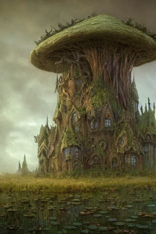 Prompt: wide angle view, a beautiful digital painting of a gigantic elaborate fairy castle made of a mushroom with a huge cap and windows, swamp with water, overcast day, muted colors, reflections, by greg rutkowski, gerald brom, marc simonetti, jean - baptiste monge, and brian froud, symmetry, complementary colors, ink illustration, trending on artstation