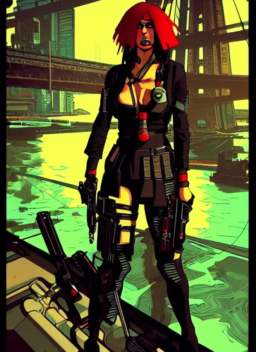 Prompt: cyberpunk cartel katana assassin with scenic background. portrait illustration, pop art, art by ashley wood, alphonse mucha, laurie greasley and josan gonzalez. cinematic. dynamic lighting. realistic proportions. creative design. cell shading