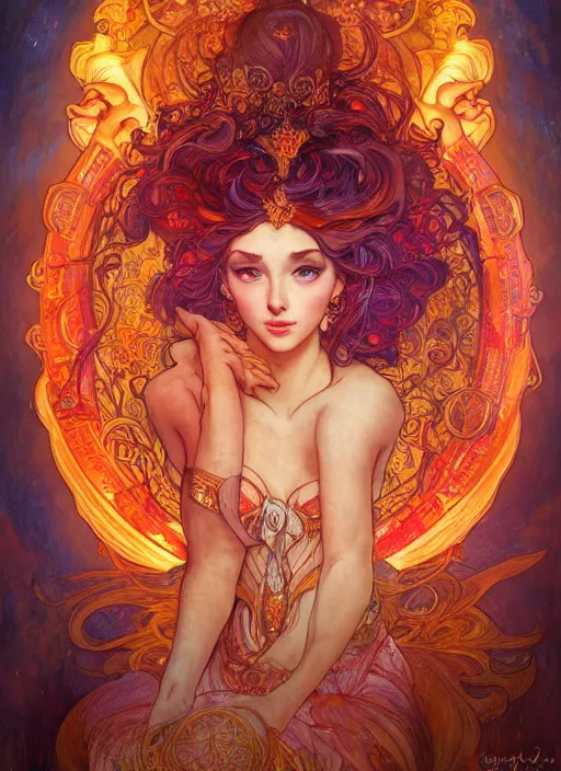 Image similar to Fire Goddess, ambient lighting, 4k, josephine wall, alphonse mucha, lois van baarle, ilya kuvshinov, rossdraws, artstation