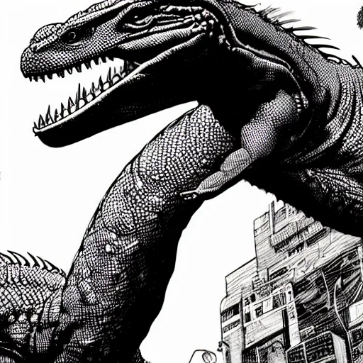 Prompt: precisely drawn illustration of a giant purple komodo dragon, wide angle, sharp, fine details, French comic style, cyberpunk, intense line art, 8k, precise linework, realistic, Richard Corben and Moebius