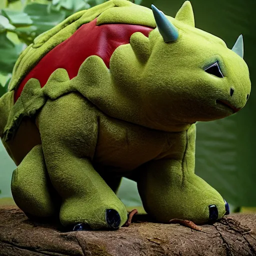 Image similar to national geographic professional photo of william defoe cosplaying bulbasaurus pokemon, award winning