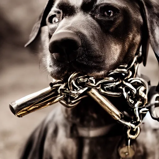 Image similar to gangster courage dog, hd, scary, chains in neck, handgun, explosion behind, dark, smooth, fine,
