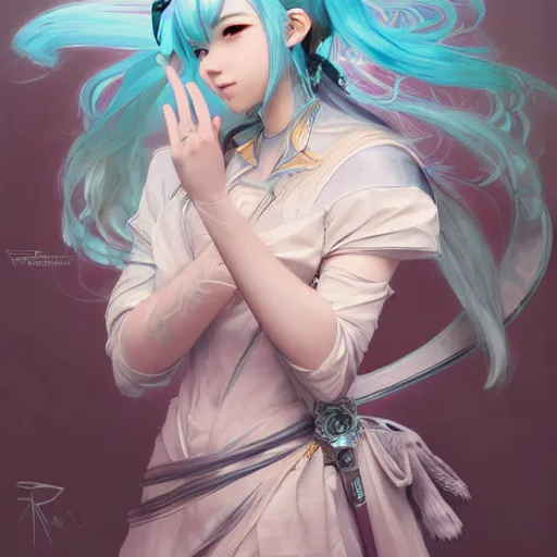 Image similar to portrait of hatsune miku, D&D, fantasy, intricate, elegant, highly detailed, digital painting, artstation, concept art, smooth, sharp focus, illustration, art by artgerm and greg rutkowski and alphonse mucha