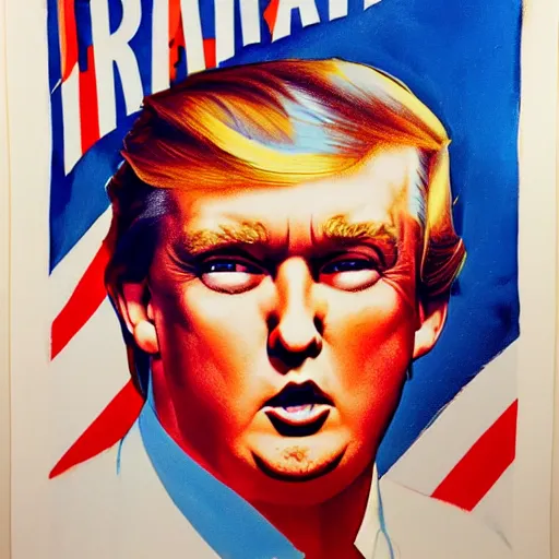 Image similar to photorealistic picture, by bob peak and alex ross, young donald trump propaganda poster, gouache and wash paints, fine details, fine intricate, fine facial proportionate, fine body proportionate, fine fix broken line, fine fix duplicate line, smooth focus, sharp details, bokeh, 4 k, fine 5 k details