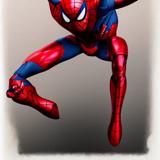 Image similar to a single iron man and spider - man hybrid, dslr, polaroid, cinematic, volumetric lighting