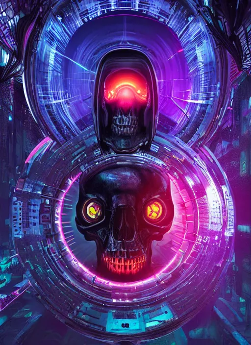 Prompt: a futuristic skull with glowing eyes and a wormhole tunnel, cyberpunk art by android jones, behance contest winner, computer art, darksynth, synthwave, rendered in cinema 4 d