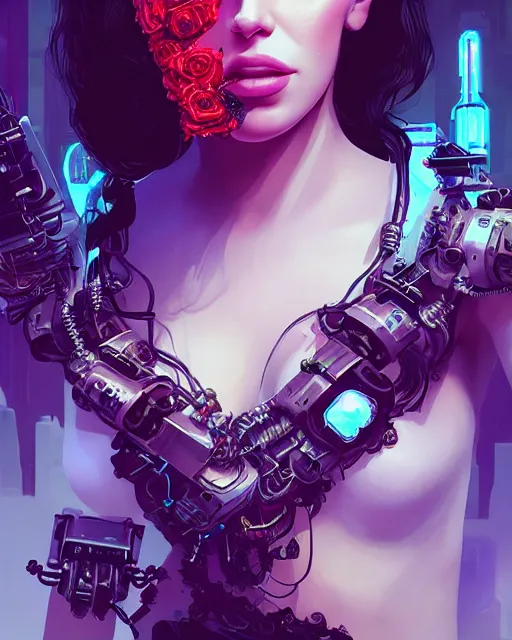 Image similar to portrait of lana del rey as a cyberpunk cyborg. sci - fi intricate abstract upper body intricate artwork, roses, rose petals by tooth wu, wlop, beeple, dan mumford. concept art, octane render, trending on artstation, greg rutkowski, asymmetrical, cinematic arthouse, key art, hyper realism, iridescent accents