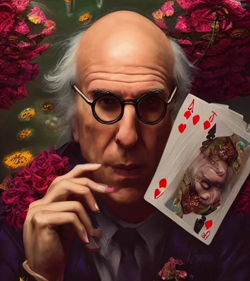 Image similar to portrait of larry david of the underworld playing poker, surrounded by flowers by karol bak, james jean, tom bagshaw, rococo, trending on artstation, cinematic lighting, hyper realism, octane render, 8 k, hyper detailed.