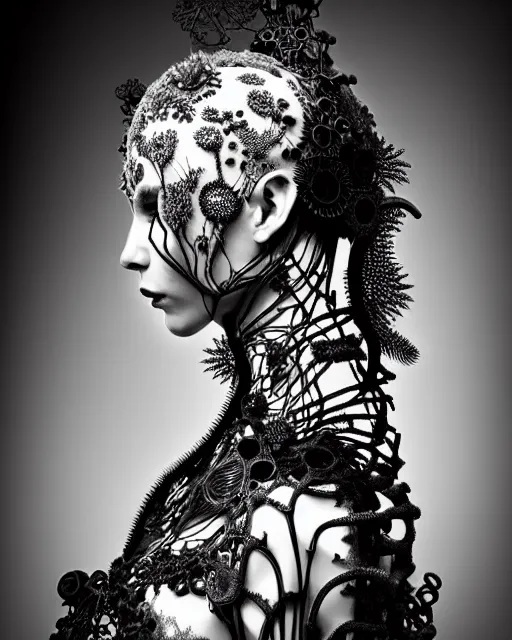 Image similar to surreal dark poetic black and white photo portrait of complex bio-mechanical beautiful young silver female vegetal-cyborg with a Mandelbrot fractal steampunk metal fine lace face, a very long neck and a fine metal floral foliage super big lace collar by Vivienne Westwood:: smoke, high fashion, haute couture, rococo, steampunk, avant-garde, silver filigree details, anatomical, facial muscles, cable wires, microchip, elegant, dreamy, foggy atmosphere, hyper realistic, 150 mm lens, soft rim light, octane render, unreal engine, picture was taken in 1910 by Man Ray, volumetric lighting, dramatic light,8k,