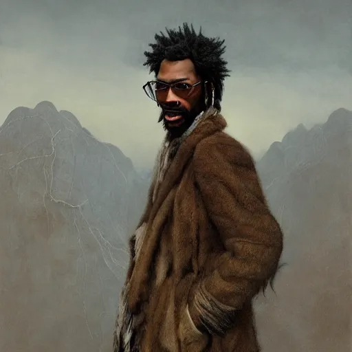 Image similar to Portrait Portrait of Pootie Tang the Guy emerging from poofy tigerskin coat whilst standing atop a cloud-covered mountain peak greg rutkowski dan witz paul klee andrew wyeth tom bagshaw stanton feng bastien lecouffe-deharme tombow oil painting