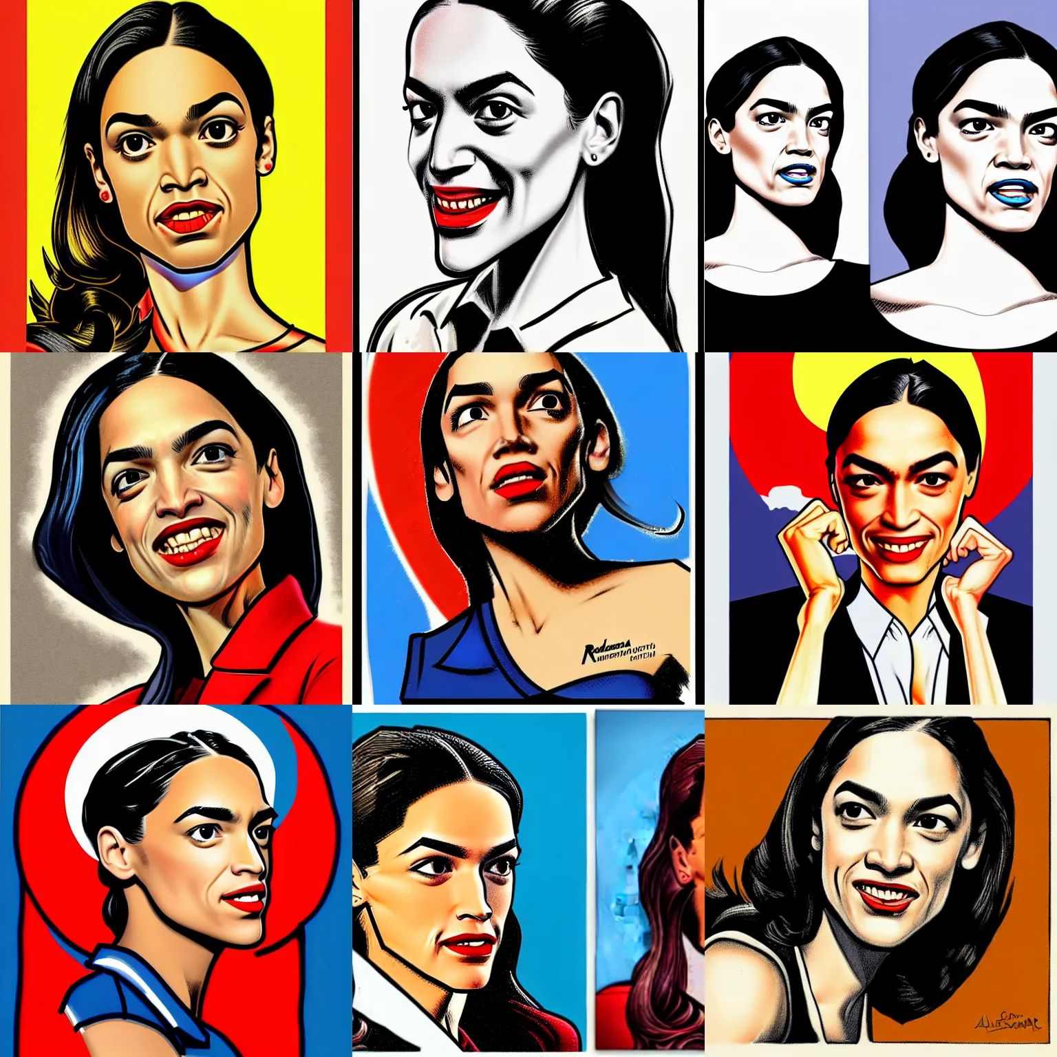 Prompt: alexandria ocasio - cortez done in the art style of reynold brown, vintage art