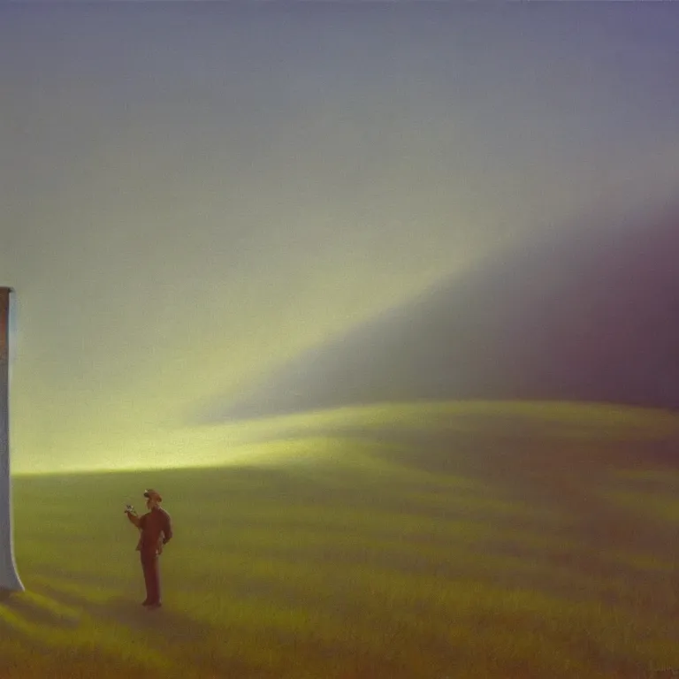 Prompt: alien abduction in cornfield, fog, early morning, , painted by Edward Hopper, painted by Wayne Barlow, airbrush