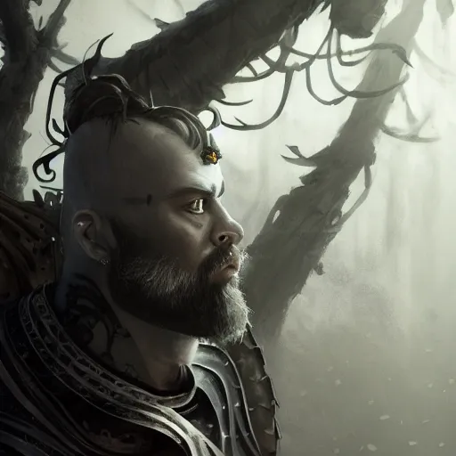 Prompt: d & d portrait of a grey goliath with face tattoos, sides of head shaved with black ponytail, black beard, art by deiv calviz, splash art, natural light, elegant, intricate, fantasy, atmospheric lighting, by greg rutkowski, hd wallpaper, ultra high details, cinematic composition, professional unique master piece