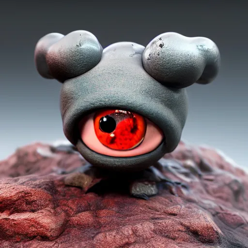 Image similar to photo of a comically tiny clay model of an angry baby rocky magma creature with a volcanic body and large childlike eyes leans close to the camera, fish eye lens, 4 k, hyper realistic, hyper detailed face, octane render, comedic, cute