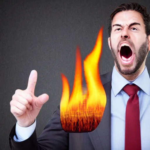 Prompt: stock photo of businessman screaming while pointing at fire