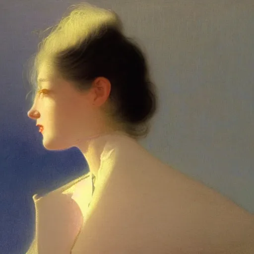 Image similar to a young woman's face, her hair is white and she wears a cobalt blue satin cloak, by ivan aivazovsky and syd mead and moebius and gaston bussiere and roger dean and pieter claesz and paul delaroche and alma tadema and aelbert cuyp and willem claesz, hyperrealistic, volumetric light, octane render