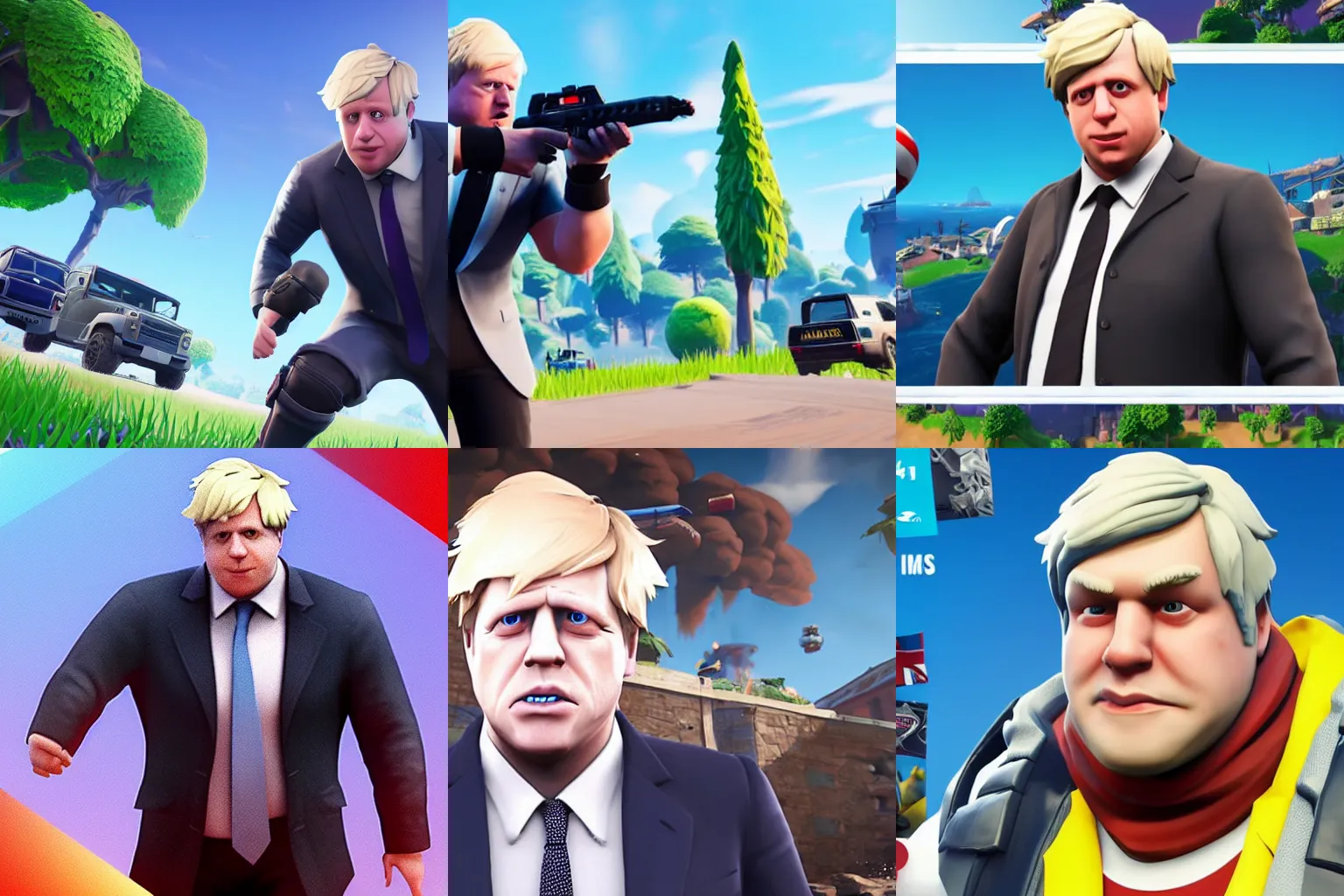 Prompt: A screenshot of Boris Johnson in Fortnite, 3D, Unreal Engine, 4K UHD, RTX, DLSS,
