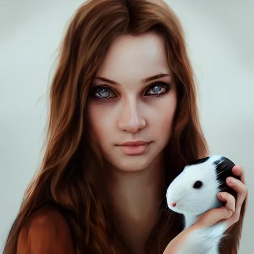 Image similar to Caucasian white girl from Australia, wearing eyeliner, holding her dark brown guinea pig, out in the wilderness at morning, trending on artstation, artstationHQ, artstationHD, photorealistic imagery.