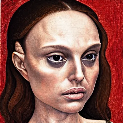 Image similar to natalie portman as gollum, elegant portrait by sandro botticelli, detailed, symmetrical, intricate