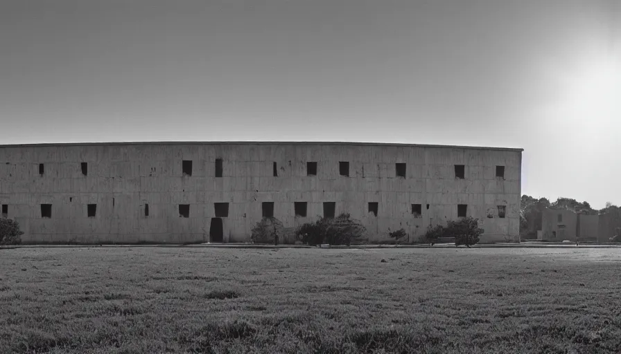 Image similar to 1 9 7 0 s movie still by djibril diop mambety of a non euclidian building, by piranesi, panoramic, ultra wide lens, cinematic light, flare, anamorphic