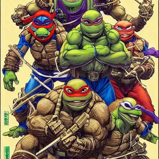 Image similar to portrait of crazy teenage mutant ninja turtles, symmetrical, by yoichi hatakenaka, masamune shirow, josan gonzales and dan mumford, ayami kojima, takato yamamoto, barclay shaw, karol bak, yukito kishiro