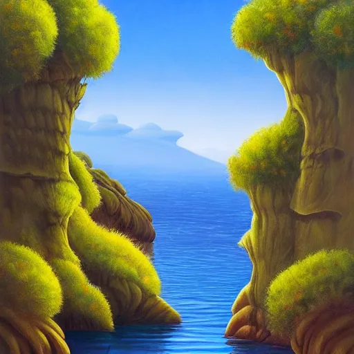 Image similar to painting of a lush natural scene on an alien planet by april gornik. beautiful landscape. weird vegetation. cliffs and water.