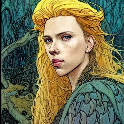 Prompt: a realistic, very beautiful and atmospheric portrait of scarlett johansson as a druidic warrior wizard looking at the camera with an intelligent gaze by rebecca guay, michael kaluta, charles vess and jean moebius giraud