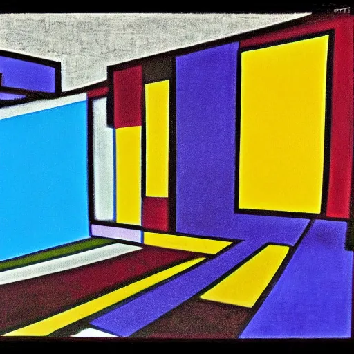 Image similar to psychedelic dream of the Beatles in an abstract background by Mondrian viewed from Mulholland drive