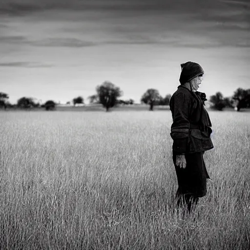 Prompt: a woman from Minnesota standing in the middle of a battlefield after the Great Hot Dish wars of the midwest, award winning photograph from National Geographic, photograph, war journalism, grainy, brooding