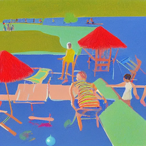 Prompt: Aerial view of a typical 1960s suburban family at the beach, painting by David Hockney, 1968