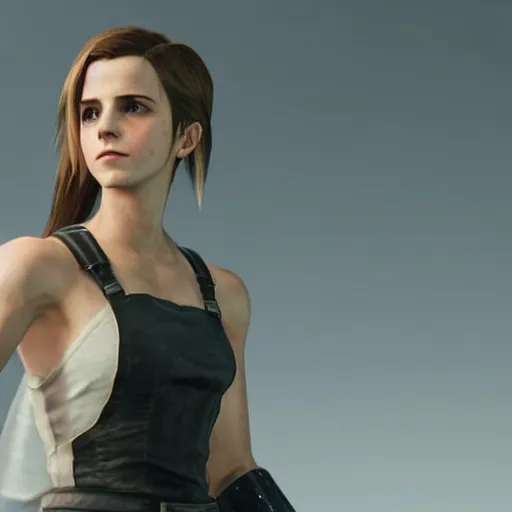 Image similar to emma watson in final fantasy vii remake, hair in a ponytail, character render, full body shot, highly detailed, in game render