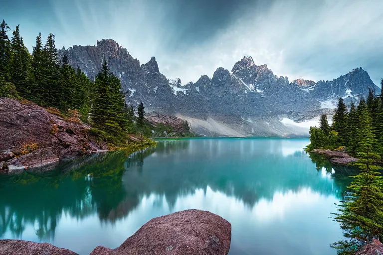 Image similar to photograph of mountains with a lake in front of them, trees on the side, rocks in foreground by marc adamus